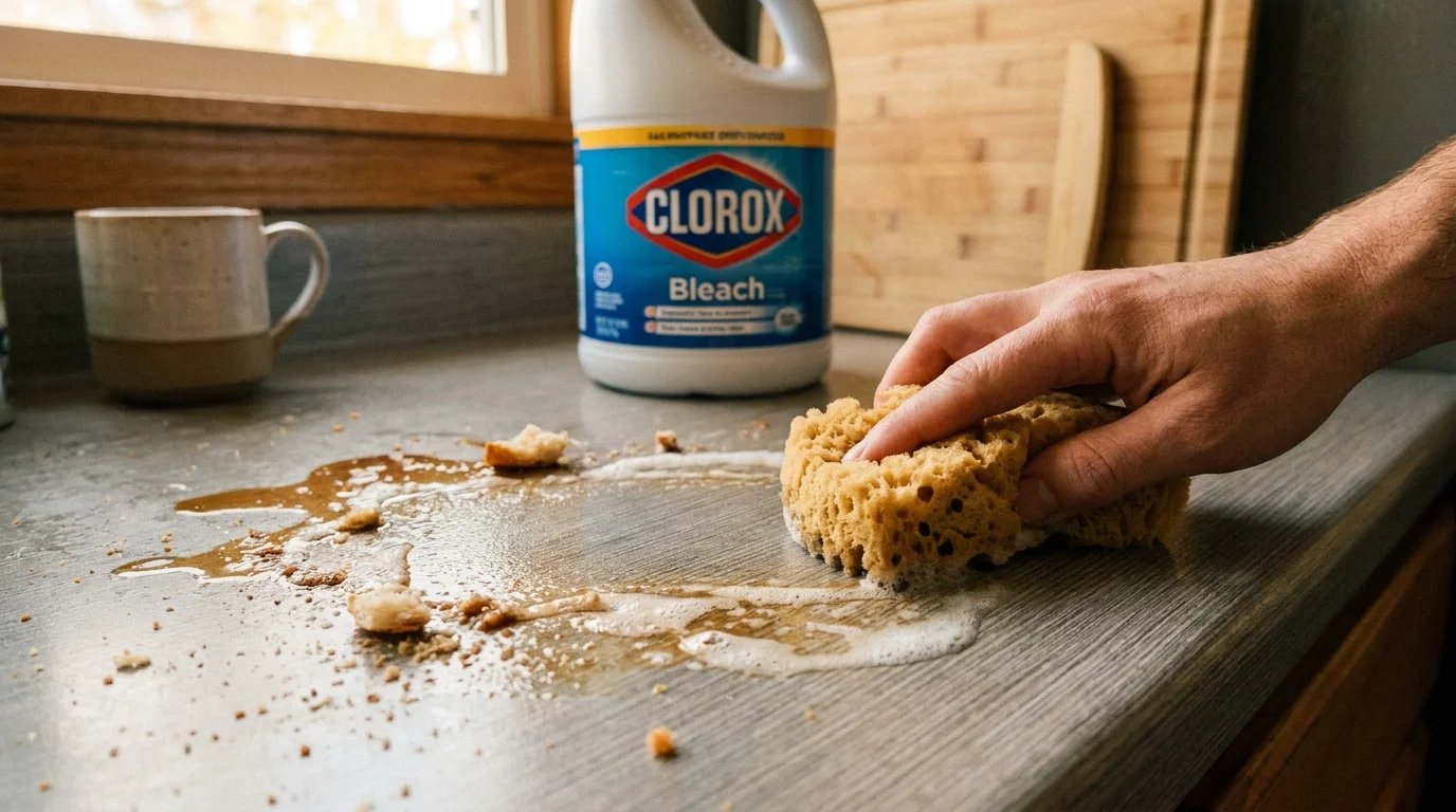 A photo showing a person first cleaning a countertop with soap and water before reaching for a bottle of bleach to disinfect.