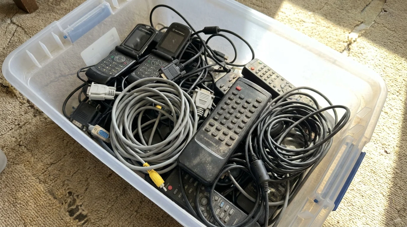 A plastic bin filled with a tangled mess of old power cords, obsolete remote controls, and vintage electronics.