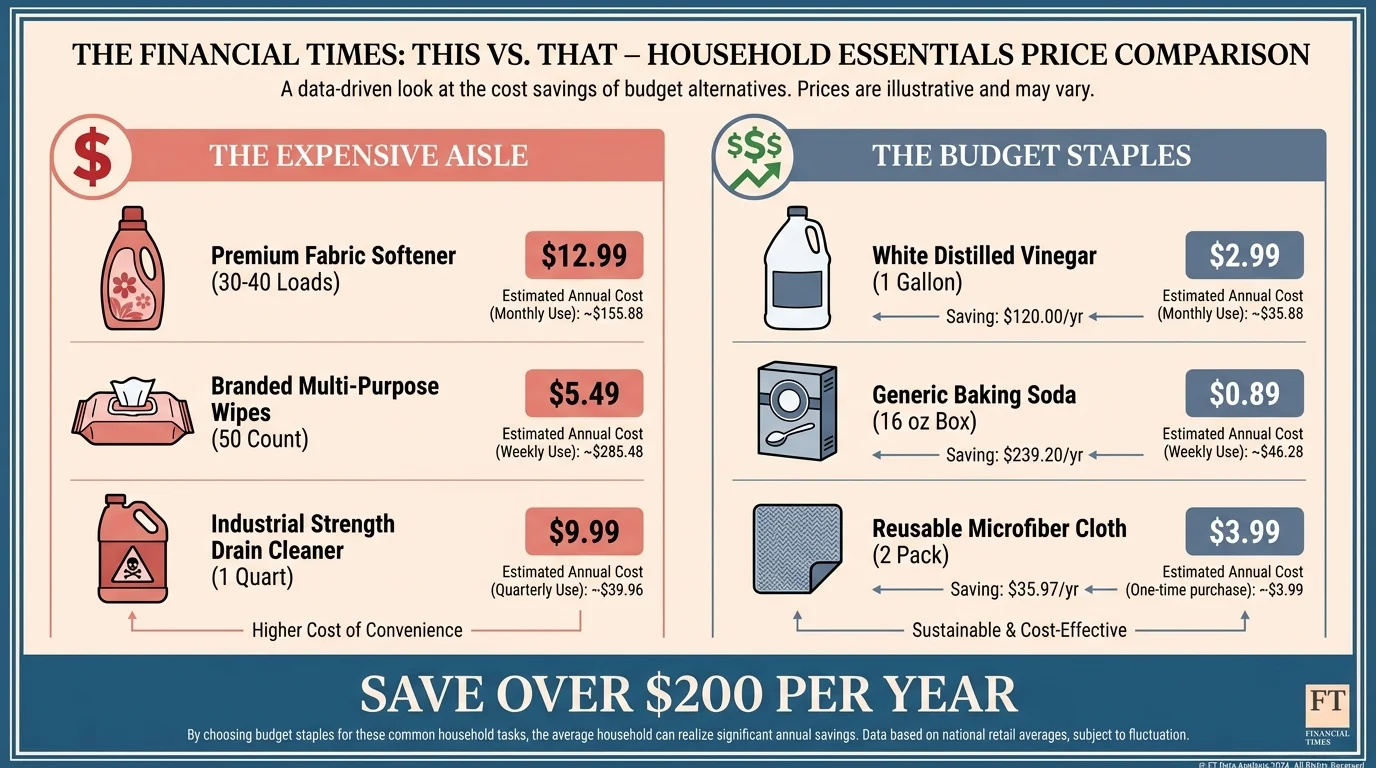 A price comparison infographic showing expensive cleaning products versus affordable staples like vinegar and baking soda.