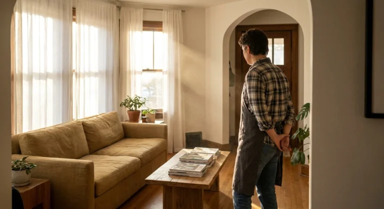 A professional cleaner in a grey apron stands in a doorway, looking into a sunny, tidy living room with natural light.