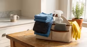 A professional cleaning kit in a canvas bag on a wooden kitchen island, featuring microfiber cloths and a glass spray bottle.