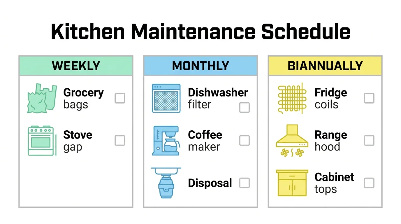 A schedule infographic categorizing the 8 cleaning spots into weekly, monthly, and biannual tasks.