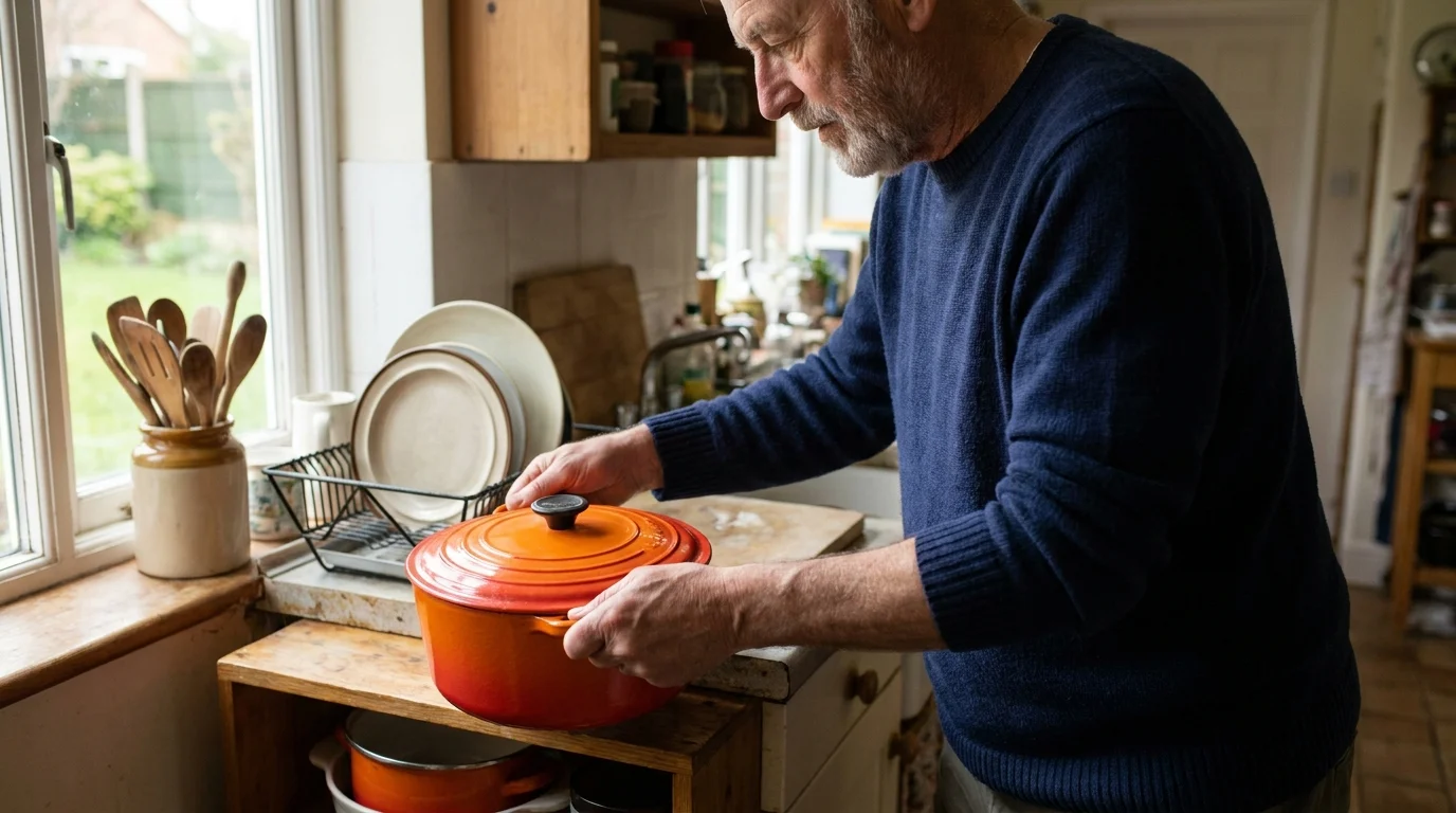 A senior man safely sliding a heavy Dutch oven from a waist-height shelf onto a kitchen counter.