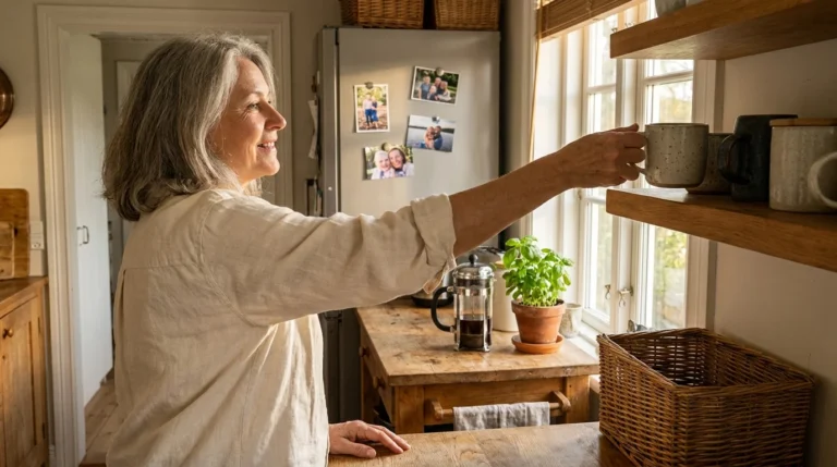A senior woman easily reaching for a mug from a waist-level kitchen shelf in a bright, sunlit home kitchen.