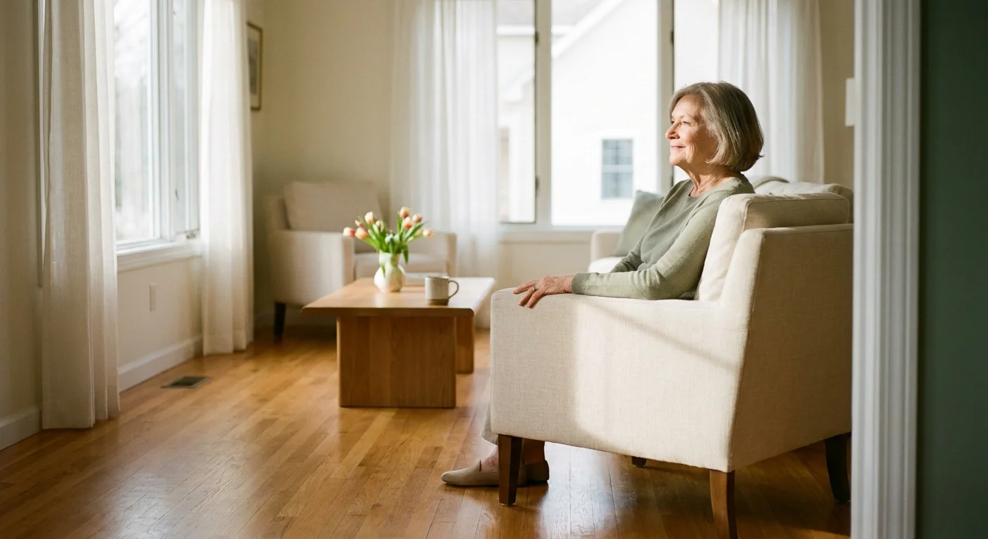 A senior woman sitting peacefully in a clean, sunny living room after completing her home reset.