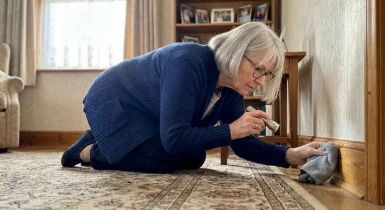A senior woman using a flashlight to inspect a low corner in her home for hidden mold.