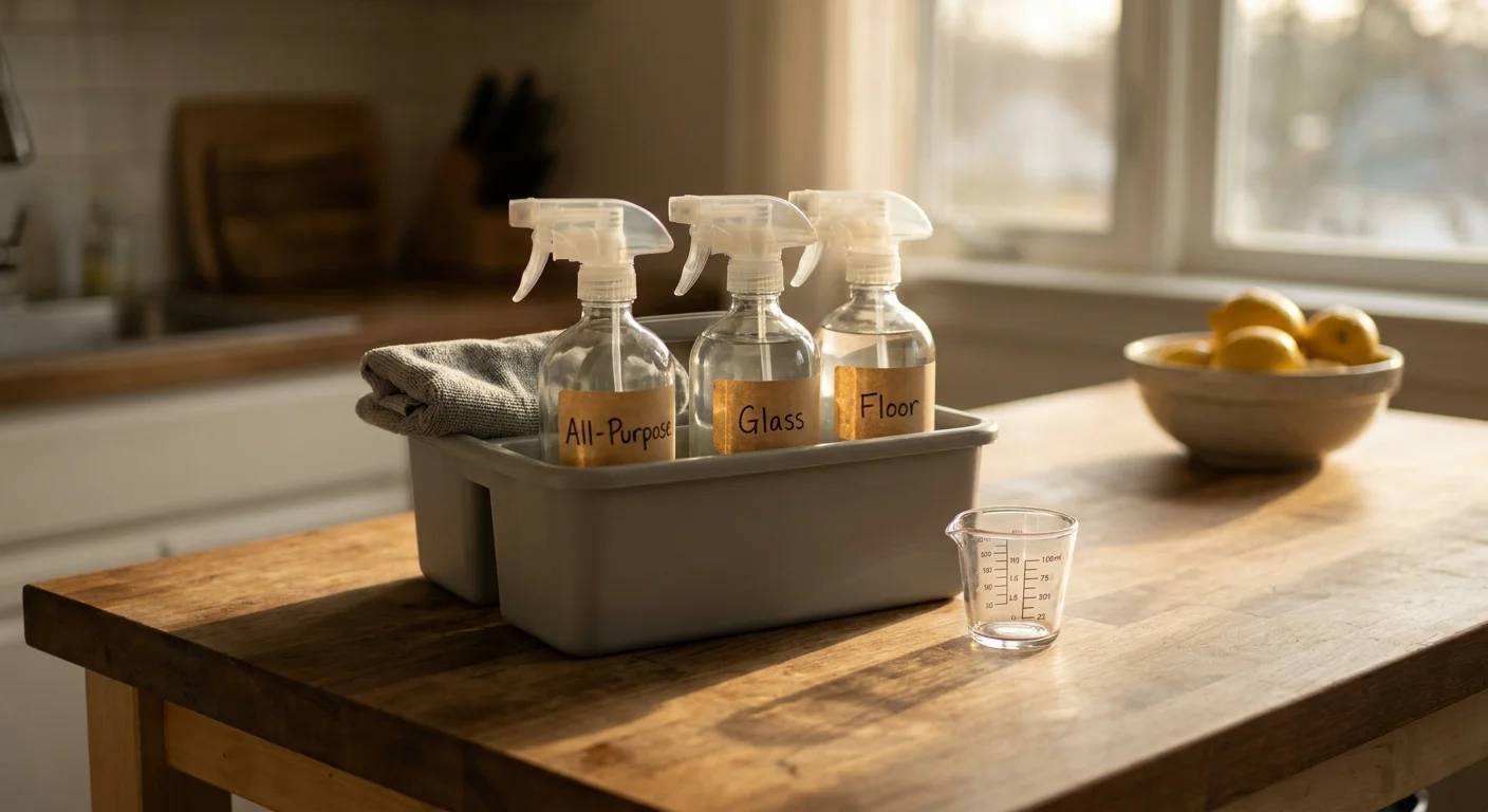 A simple cleaning caddy with labeled spray bottles and a microfiber cloth sitting on a kitchen counter.