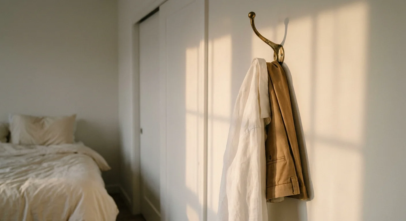 A single outfit for the next day hangs neatly on a brass wall hook under warm afternoon light.