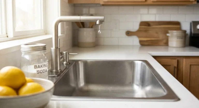 A sparkling clean stainless steel kitchen sink illuminated by morning light, with lemons and baking soda nearby.