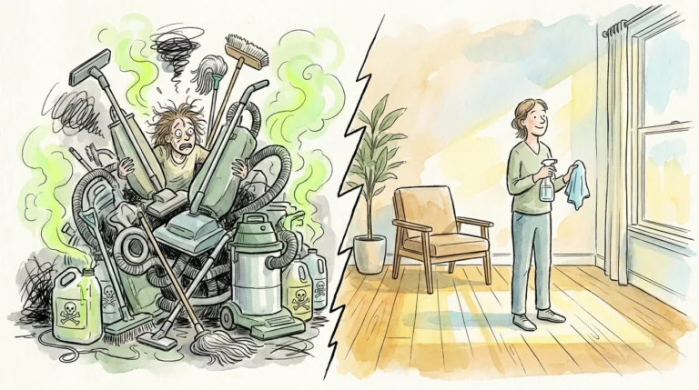 A split-screen watercolor illustration showing the chaos of old cleaning myths versus the calm of modern, simplified cleaning techniques.