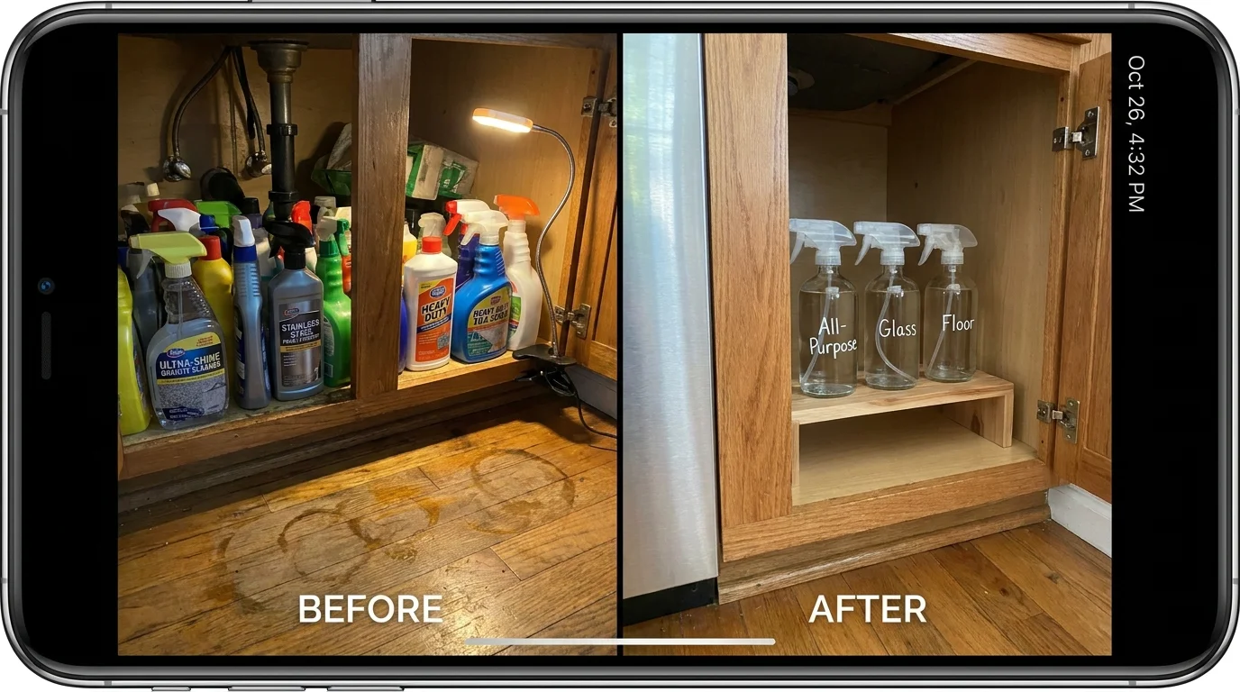 A split view showing a cluttered cabinet of cleaning products next to a simplified, organized cabinet with three bottles.