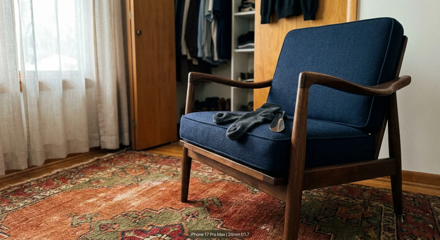 A sturdy armchair with armrests placed near a closet to provide a safe place to sit while getting dressed.