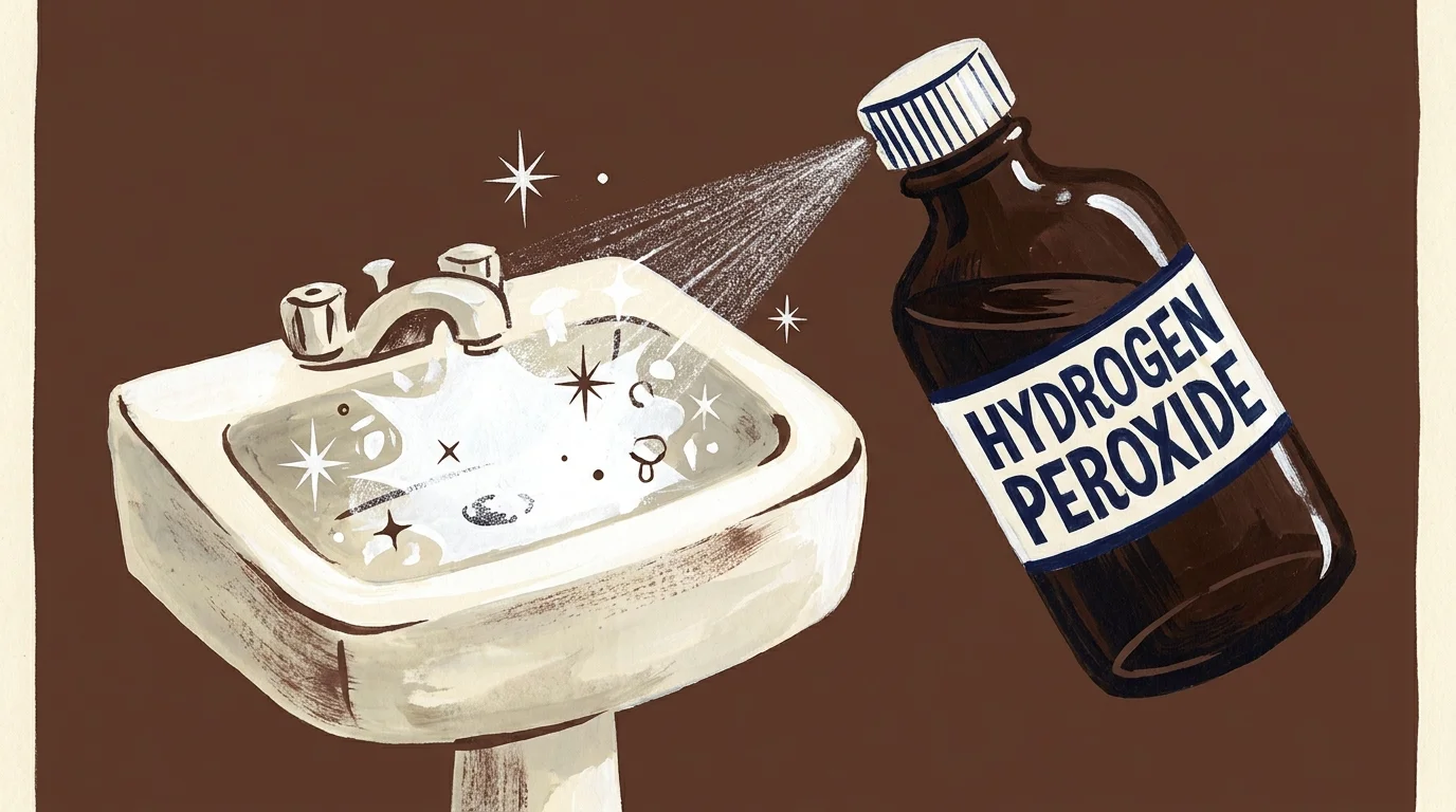 A stylized gouache drawing showing a hydrogen peroxide bottle spraying a sink and making it turn bright white.