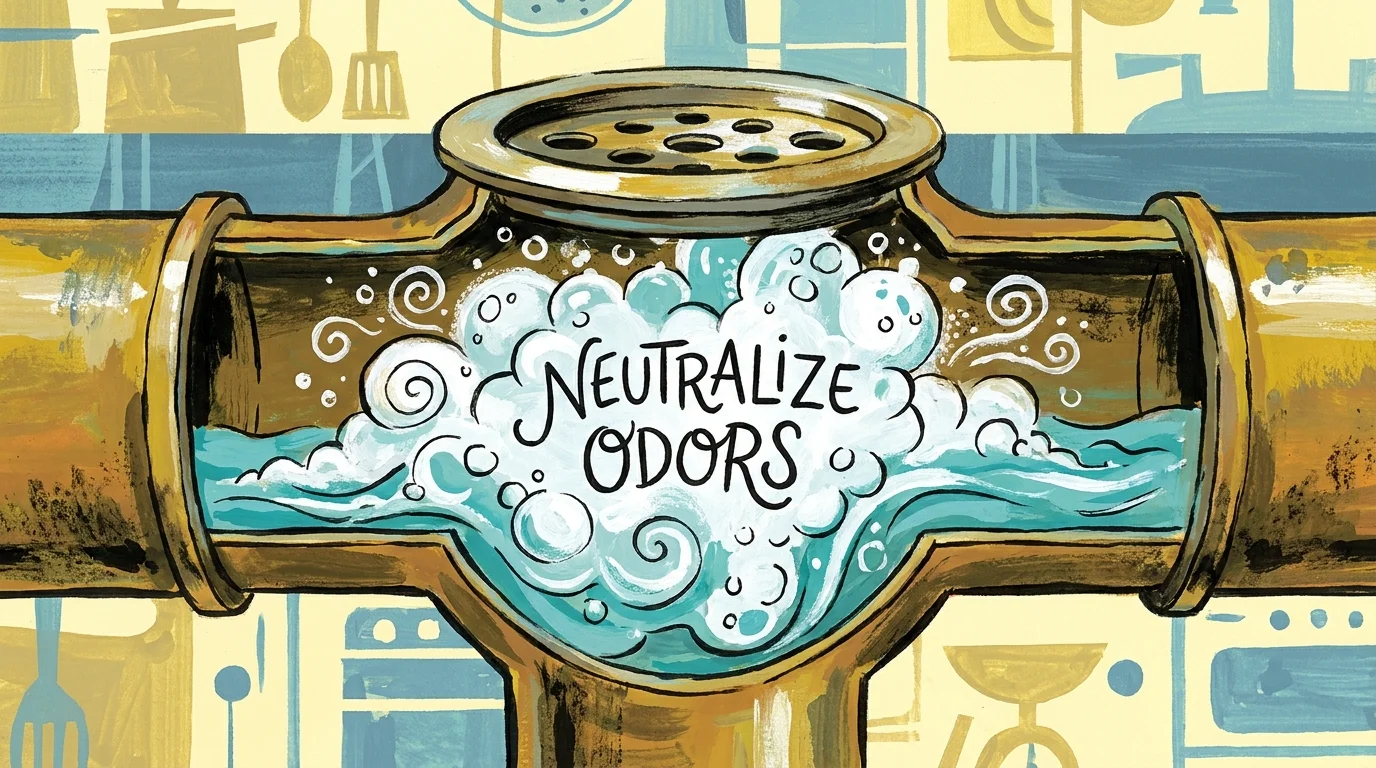 A stylized gouache illustration of a kitchen drain fizzing with white foam from a baking soda and vinegar reaction.