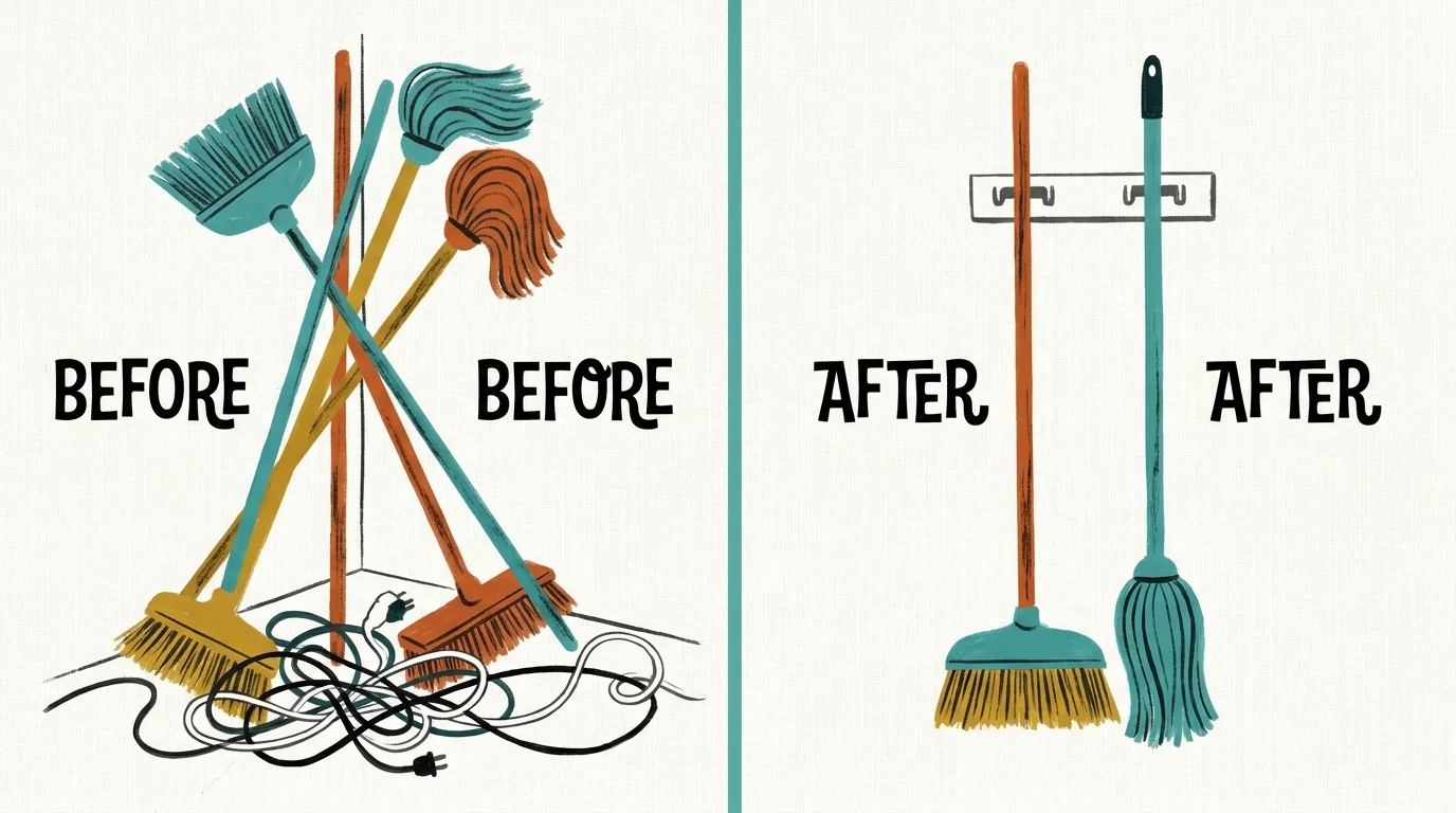 A stylized gouache illustration of leaning brooms and a tangle of electrical cords on a laundry room floor.