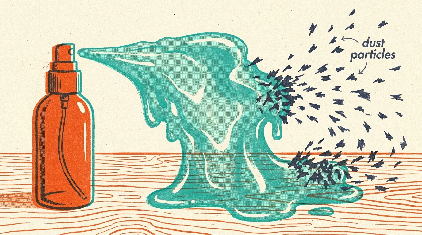 A stylized illustration showing dust particles being attracted to and stuck in a thick layer of furniture polish.