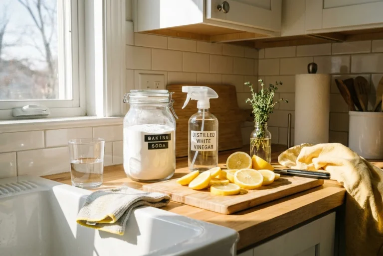 A sunlit kitchen counter with natural cleaning supplies like vinegar, baking soda, and lemons, arranged in a clean and organized way.