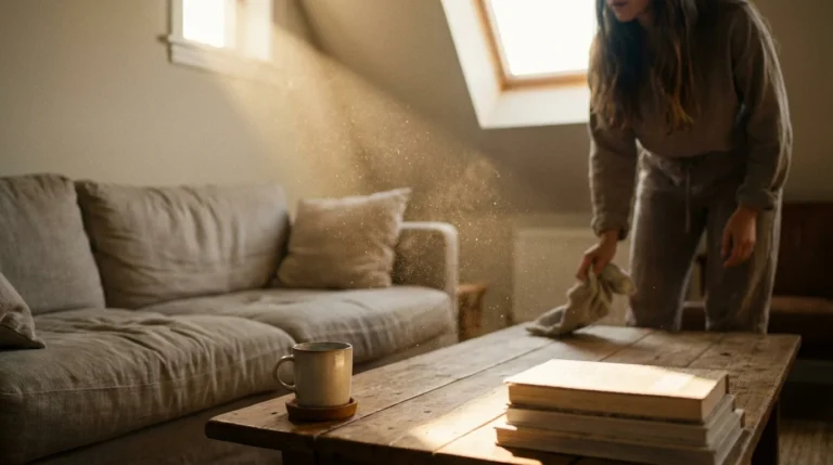 A sunlit living room showing dust motes dancing in a light beam over a wooden table, emphasizing indoor air quality.