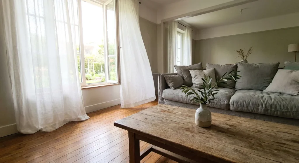 A sunlit living room with an open window and white curtains blowing in the breeze, emphasizing a fresh, airy atmosphere.