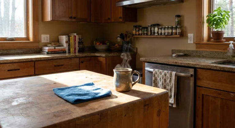 A sunlit, real-life kitchen with a blue microfiber cloth and a coffee mug on a wooden island, suggesting a morning cleaning routine.
