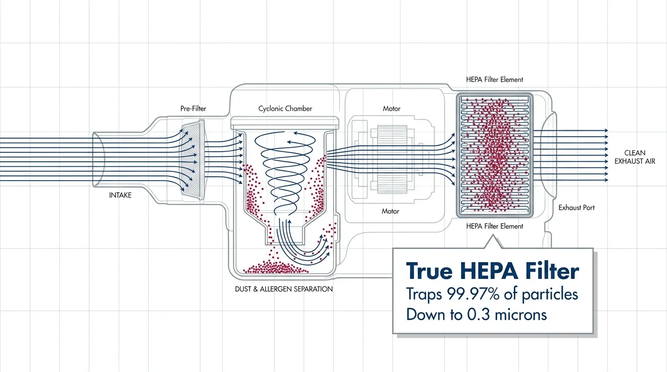 A technical diagram of a HEPA filter trapping 99.97 percent of microscopic particles at the vacuum exhaust.