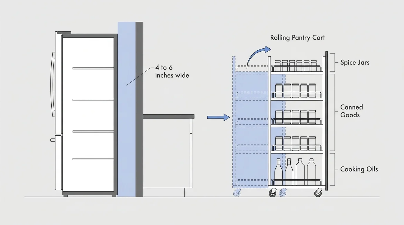 A technical diagram showing a 4 to 6 inch gap between a fridge and wall occupied by a rolling shelf.
