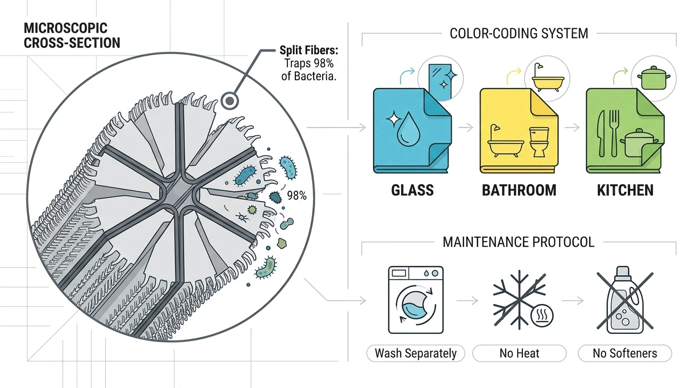 A technical diagram showing how split microfiber hooks trap bacteria, alongside a color-coding guide for different rooms.
