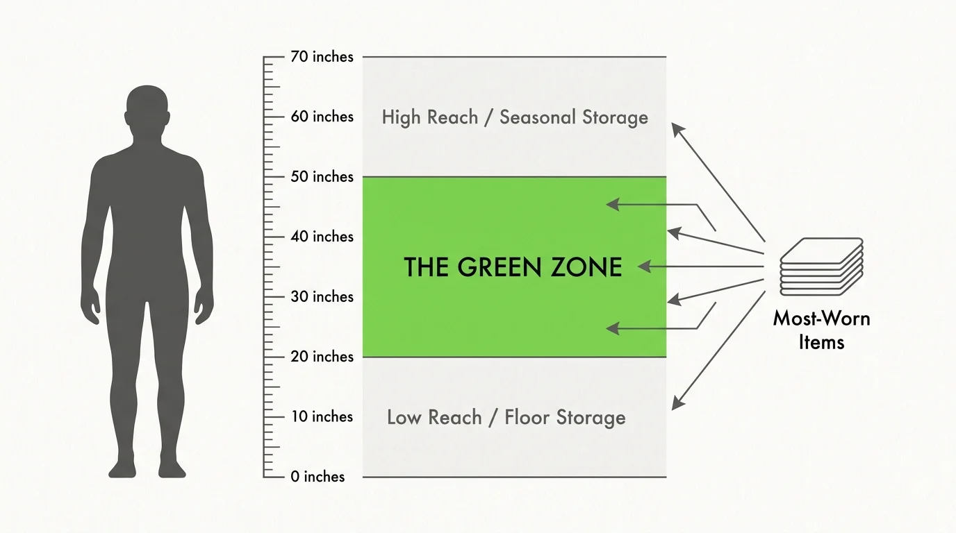 A technical diagram showing the ergonomic green zone between 20 and 50 inches from the floor for optimal reaching.