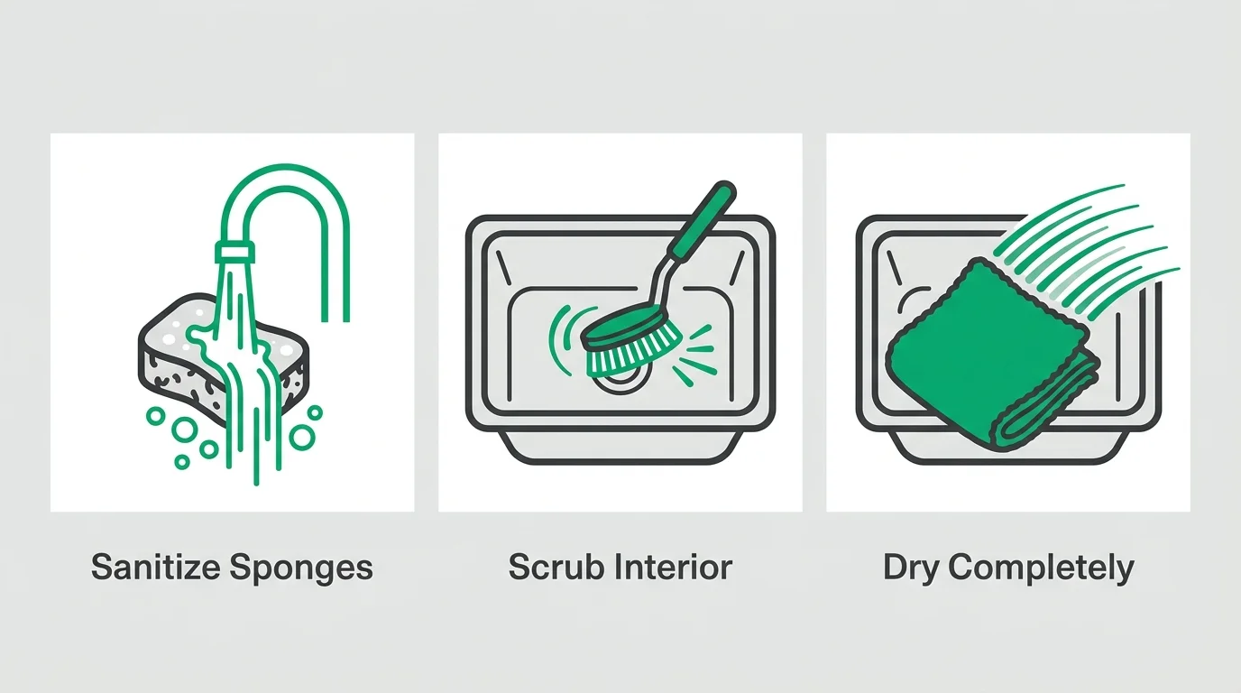 A three-step diagram showing how to sanitize a kitchen sponge, scrub the sink, and dry it completely.
