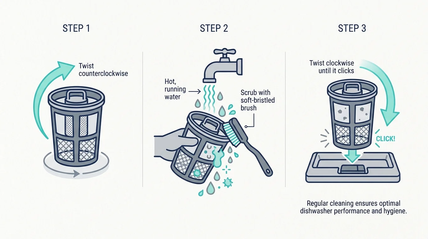 A three-step diagram showing how to twist, rinse, and lock a dishwasher filter back into place.