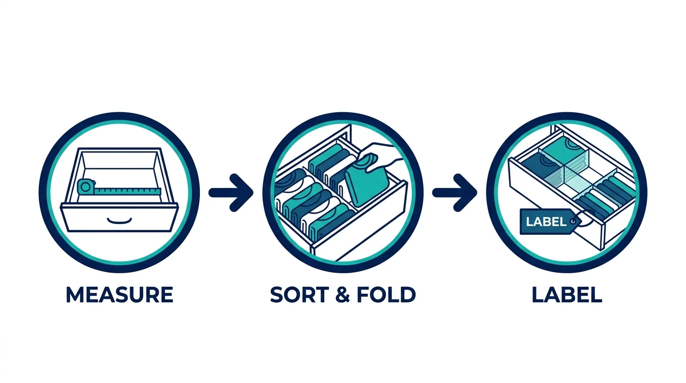 A three-step infographic showing the process of measuring, folding, and labeling items for pull-out drawers.