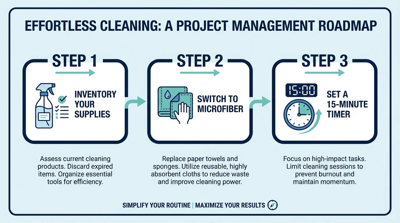 A three-step roadmap infographic for starting a simplified cleaning routine: inventory supplies, use microfiber, and set a timer.