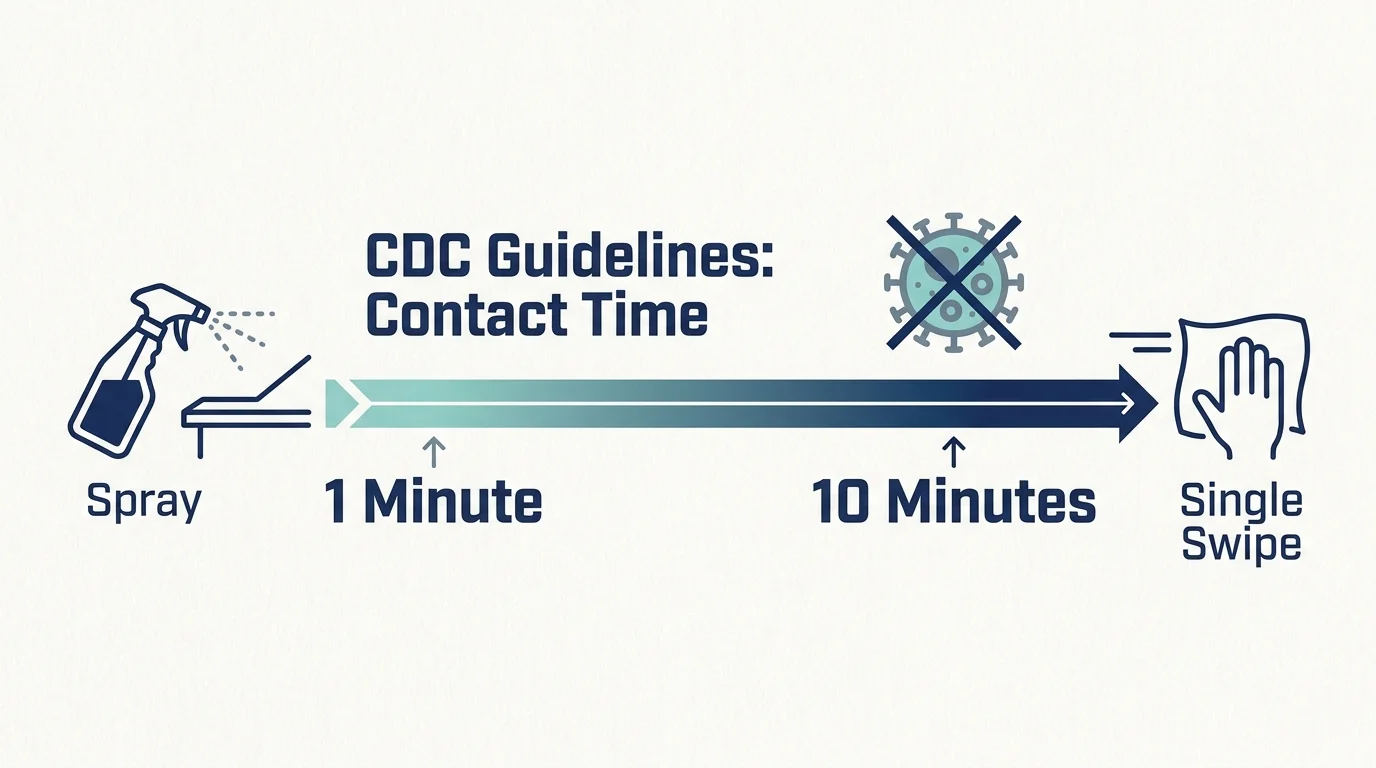 A timeline diagram showing the 1 to 10 minute dwell time required for disinfectants to work effectively according to CDC guidelines.