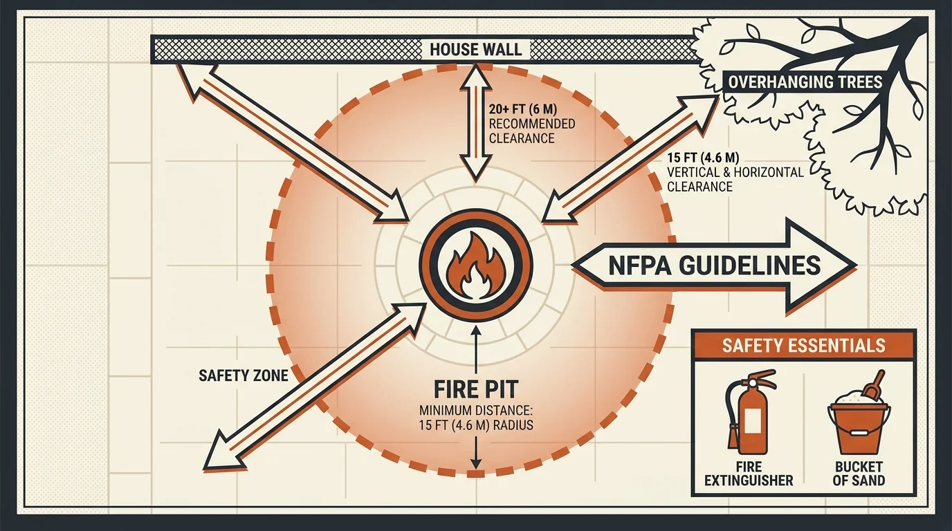 A top-down diagram showing the safe distance between a fire pit, the house, and surrounding trees.