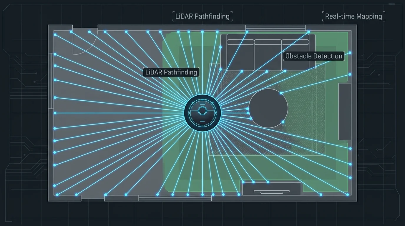 A top-down floor plan diagram showing a robot vacuum using blue laser lines to map a room and detect furniture.