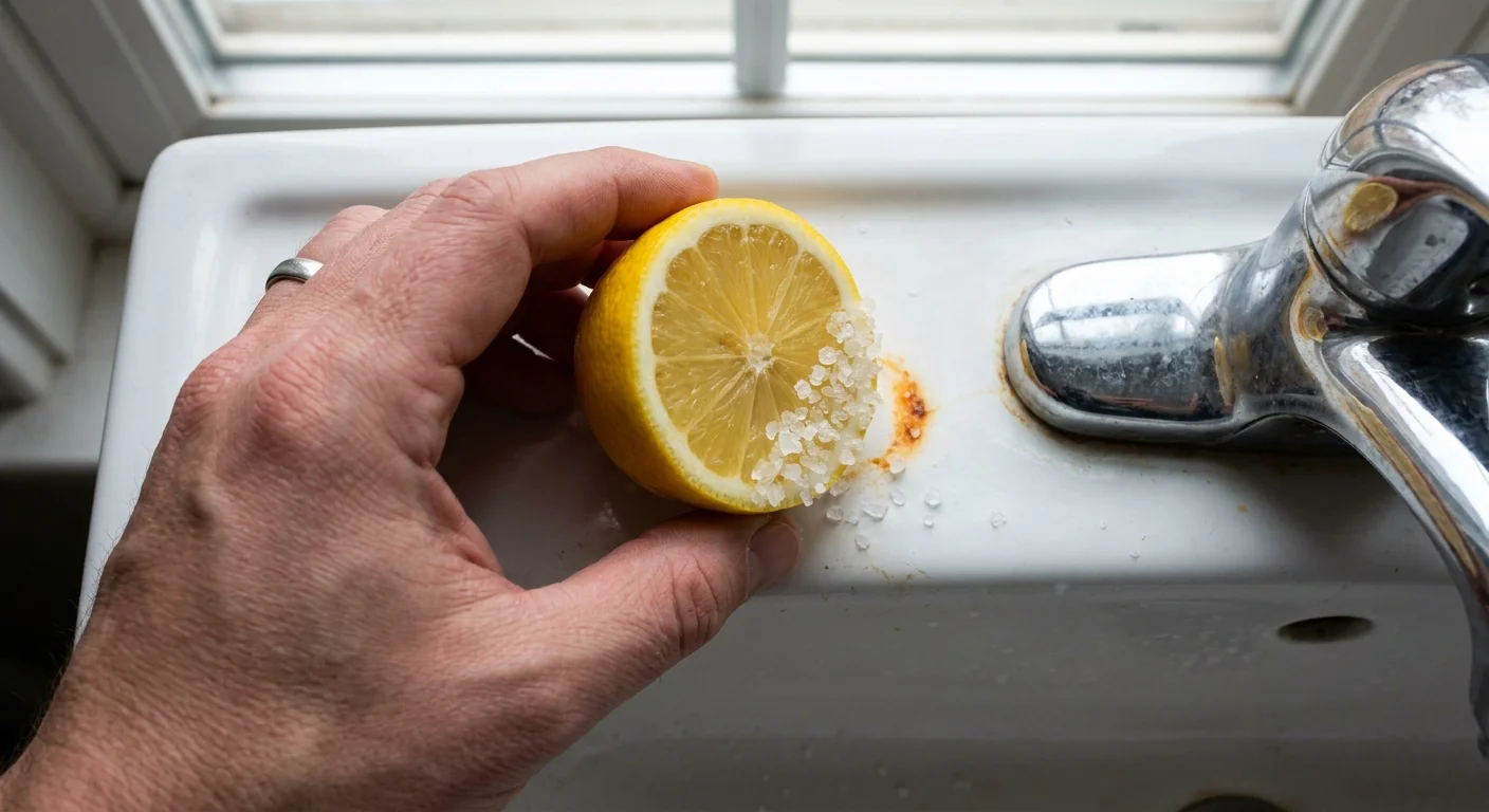 A top-down photo of a halved lemon dipped in salt being used to scrub a rust stain in a white sink.