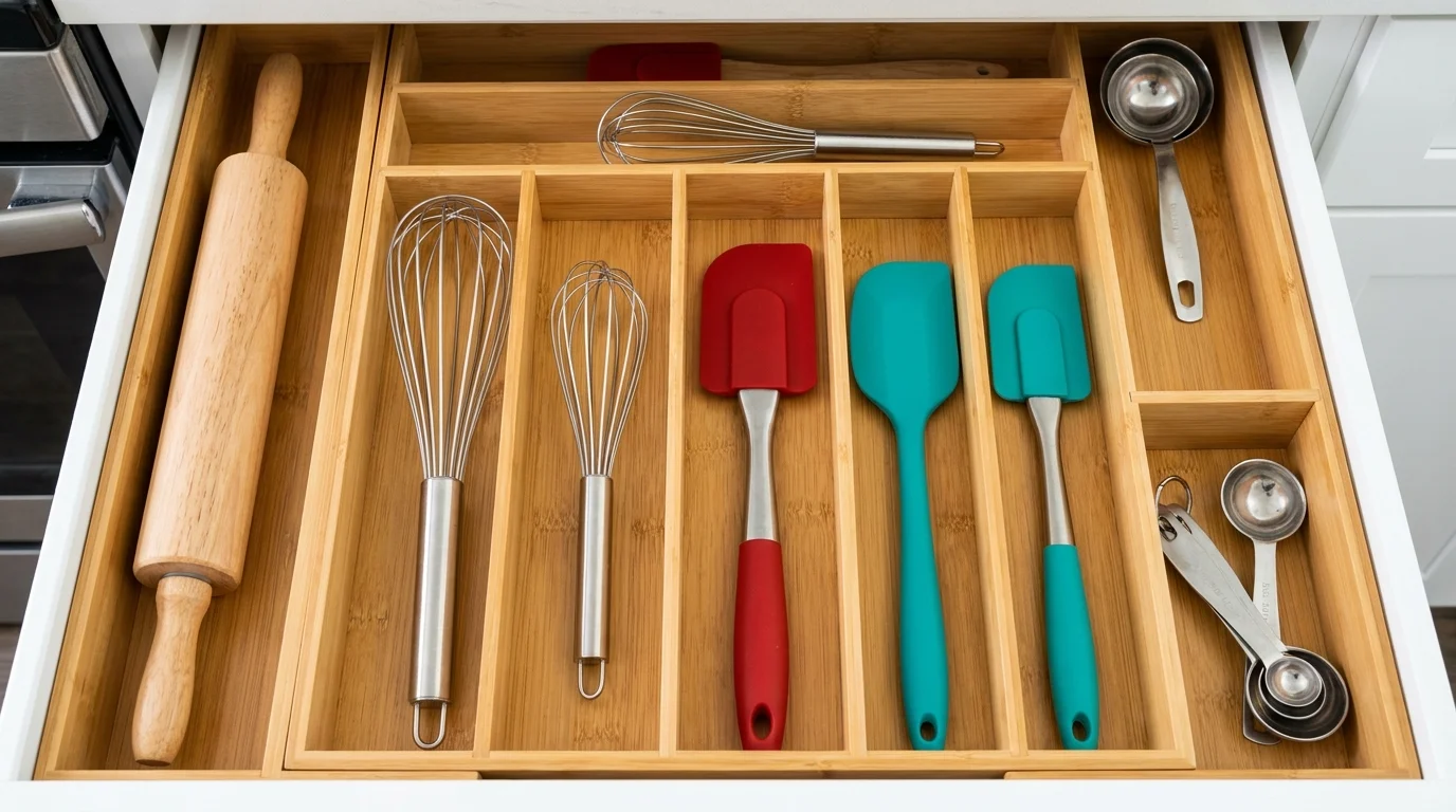 A top-down view of a kitchen drawer neatly organized with bamboo dividers and various cooking utensils.