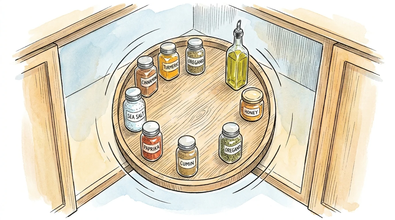 A top-down watercolor illustration of a spinning Lazy Susan filled with spice jars and oils in a corner cabinet.