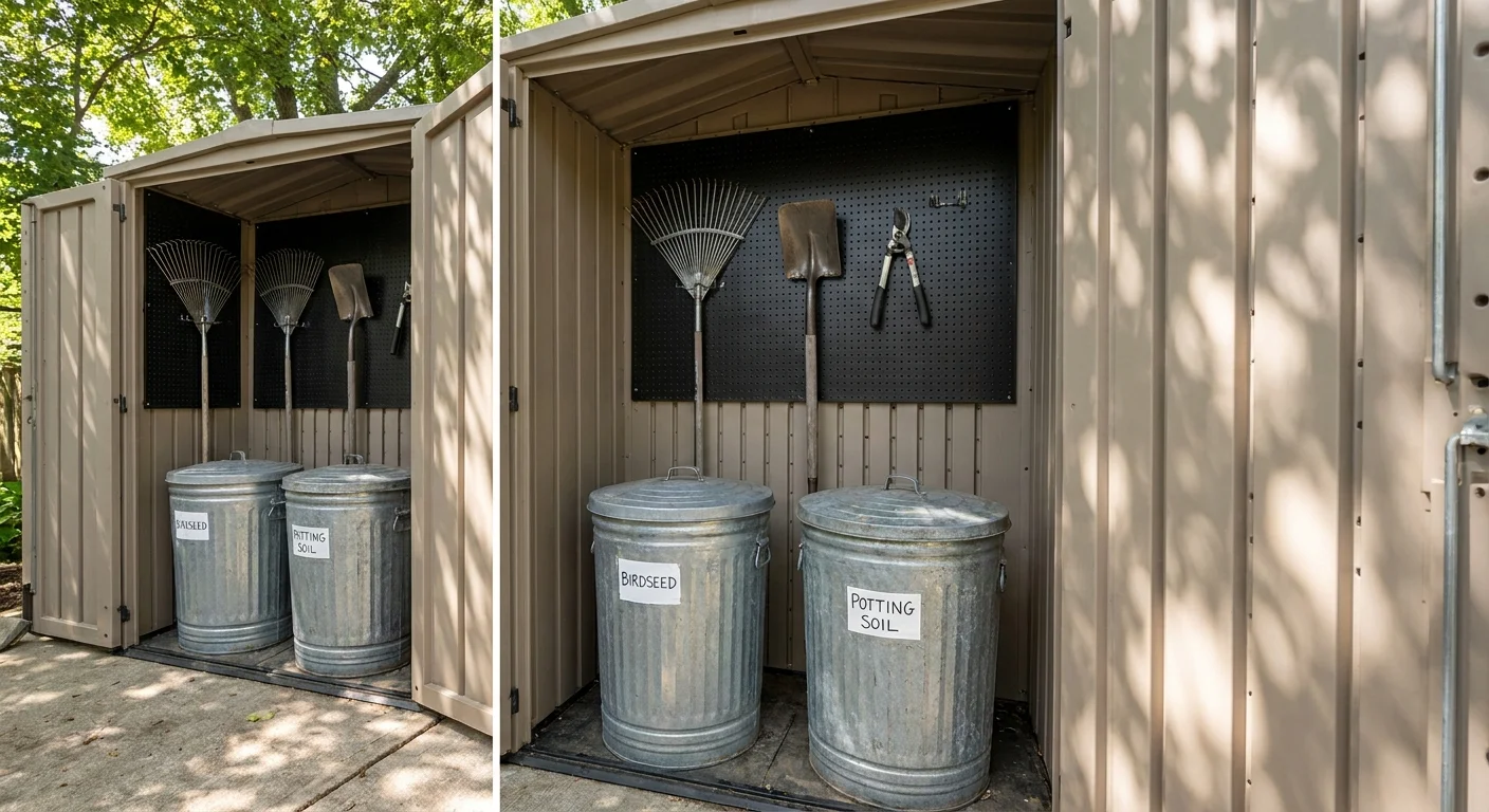 A vertical outdoor shed with tools hanging on a pegboard and labeled galvanized cans for soil and seed.