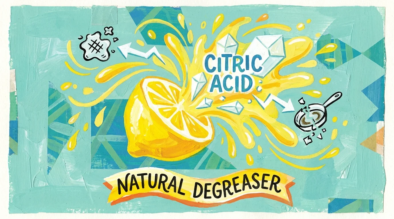 A vibrant gouache and ink illustration of a lemon splash breaking down grease particles, labeled as a natural degreaser.