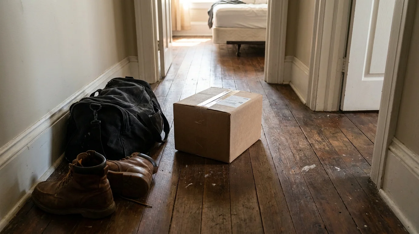 A view down a hallway where a gym bag, boots, and a box are sitting directly on the floor.