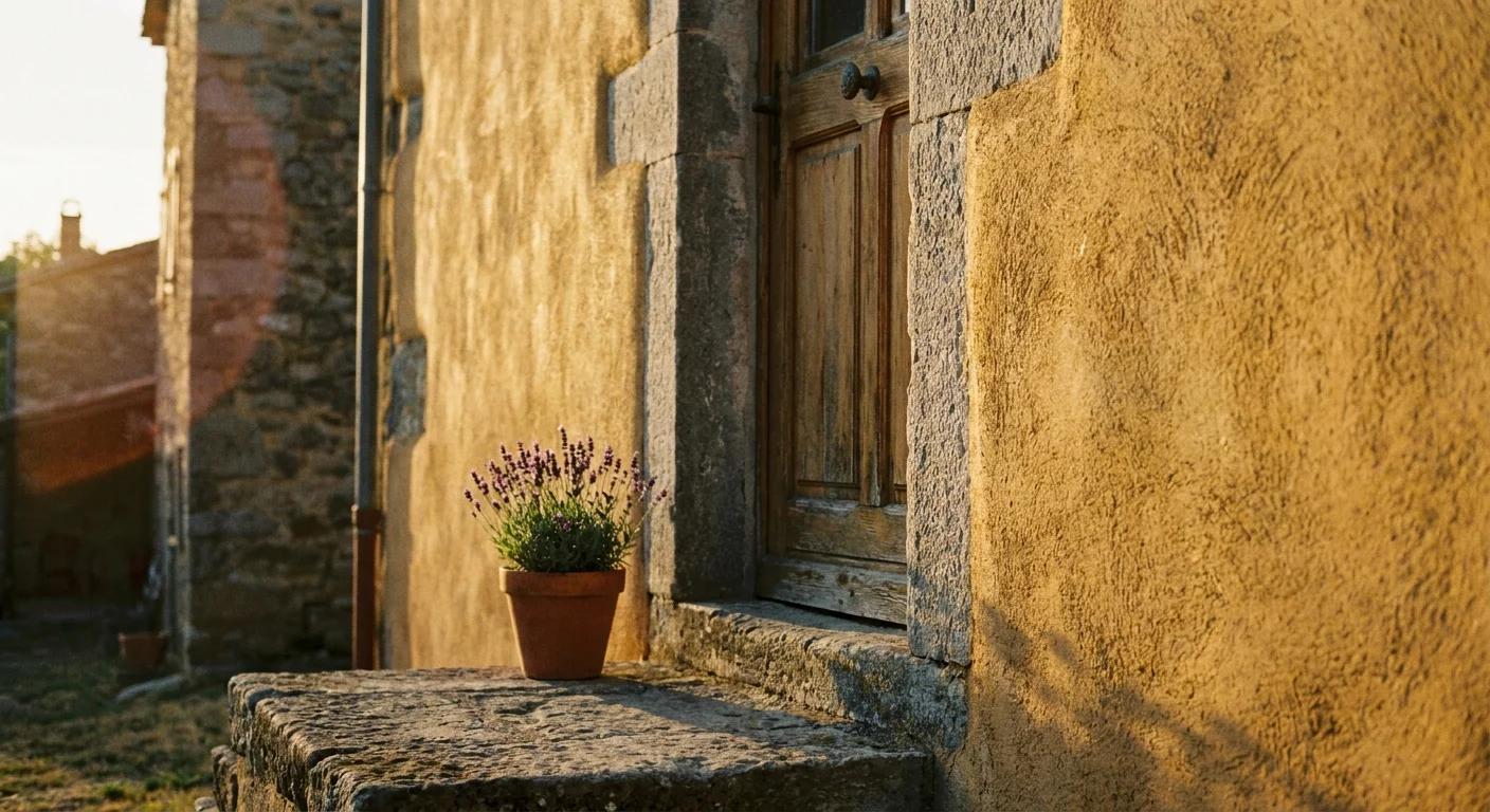 A warm, golden ochre stucco wall next to a stone doorway in the glow of a late afternoon sunset.