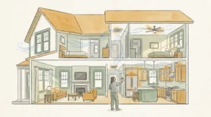 A watercolor cutaway illustration of a house showing hidden dust traps in the ceiling fan, refrigerator, and vents.