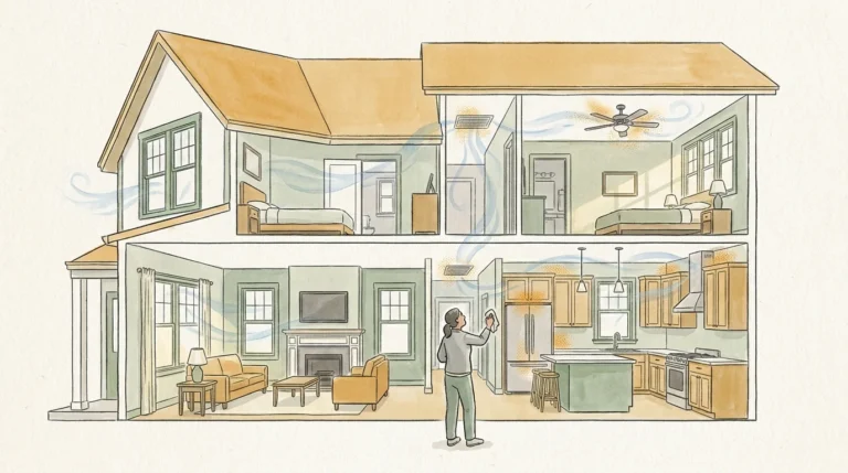 A watercolor cutaway illustration of a house showing hidden dust traps in the ceiling fan, refrigerator, and vents.