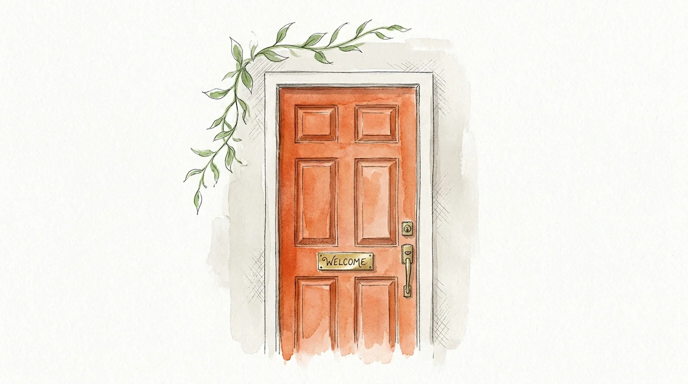 A watercolor drawing of a vibrant terracotta-colored front door with brass hardware and a touch of green vine.