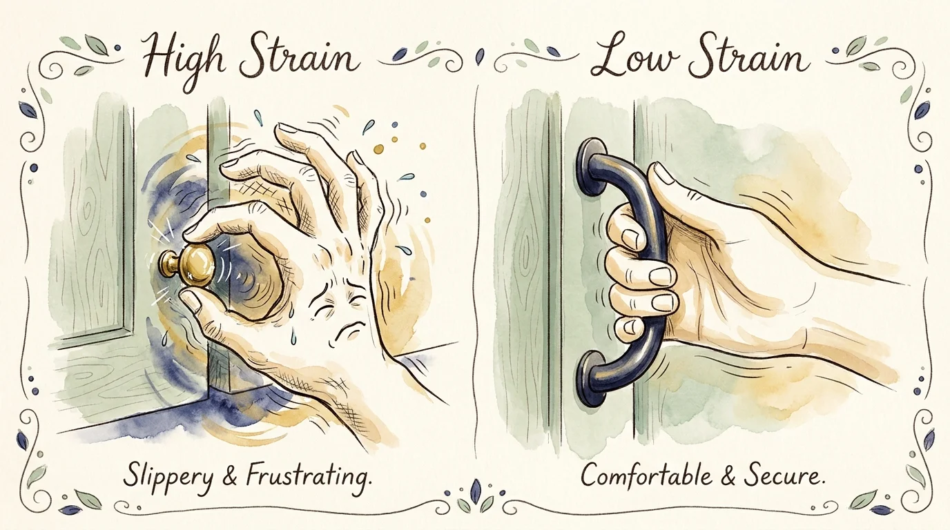 A watercolor illustration comparing a difficult-to-grip round knob with a comfortable D-shaped cabinet pull.
