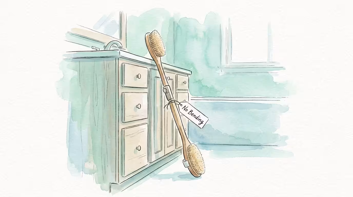 A watercolor illustration of a bathroom vanity with a long-handled brush, symbolizing joint-friendly cleaning.