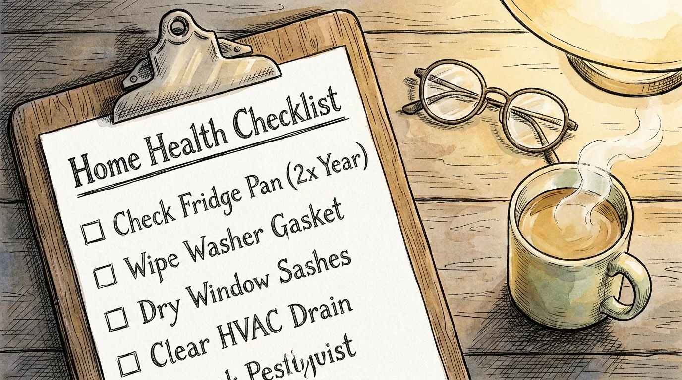 A watercolor illustration of a cleaning checklist on a clipboard next to a cup of tea.