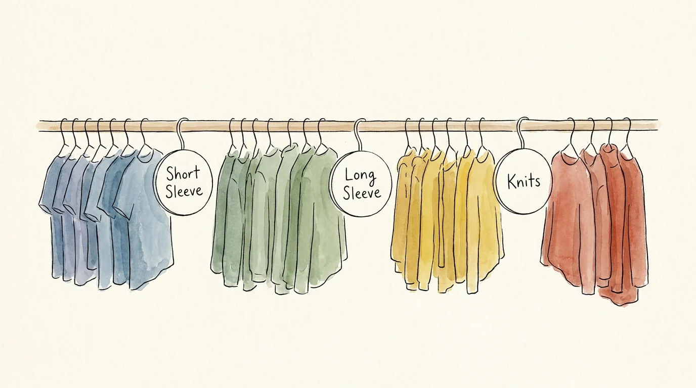 A watercolor illustration of a closet rod with clothes neatly organized into color-coded sections and categories.