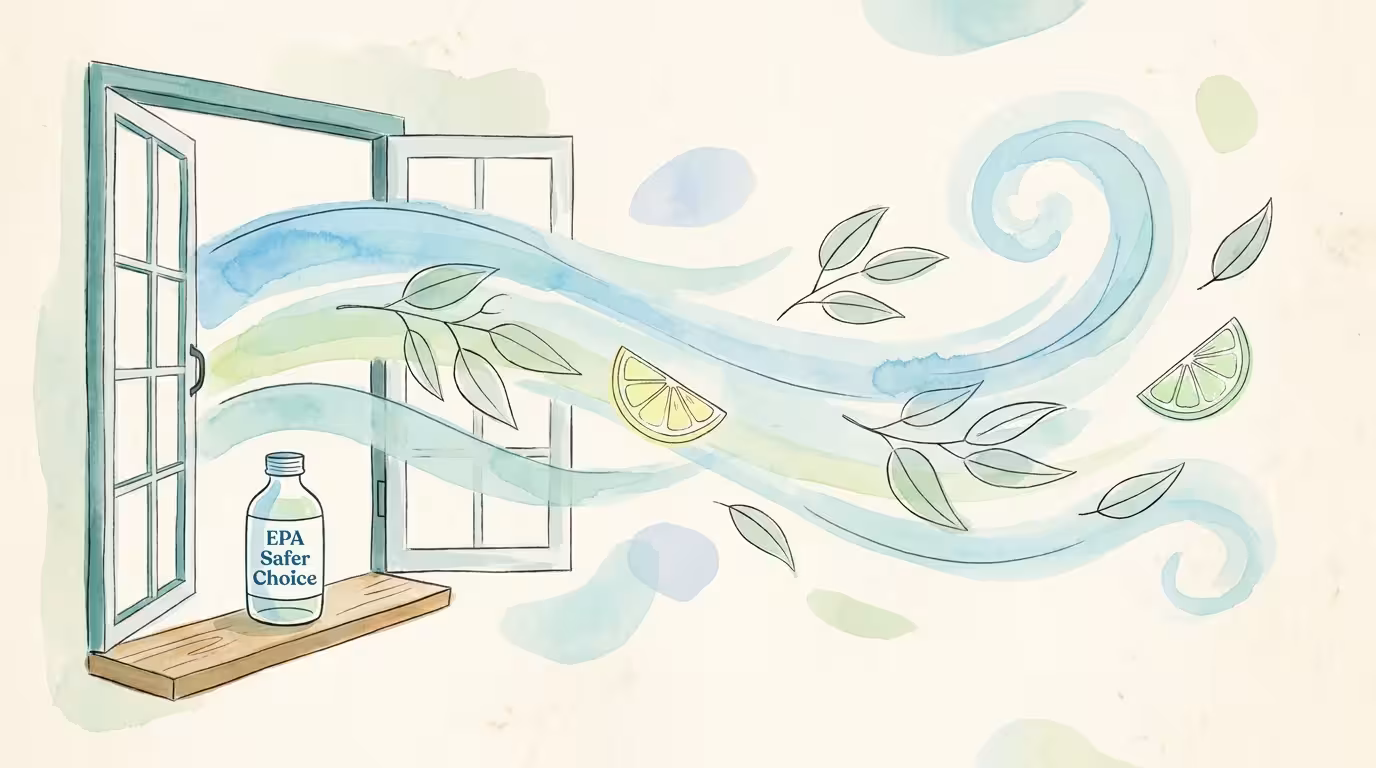 A watercolor illustration of a fresh breeze entering an open window with eucalyptus leaves and an EPA label.